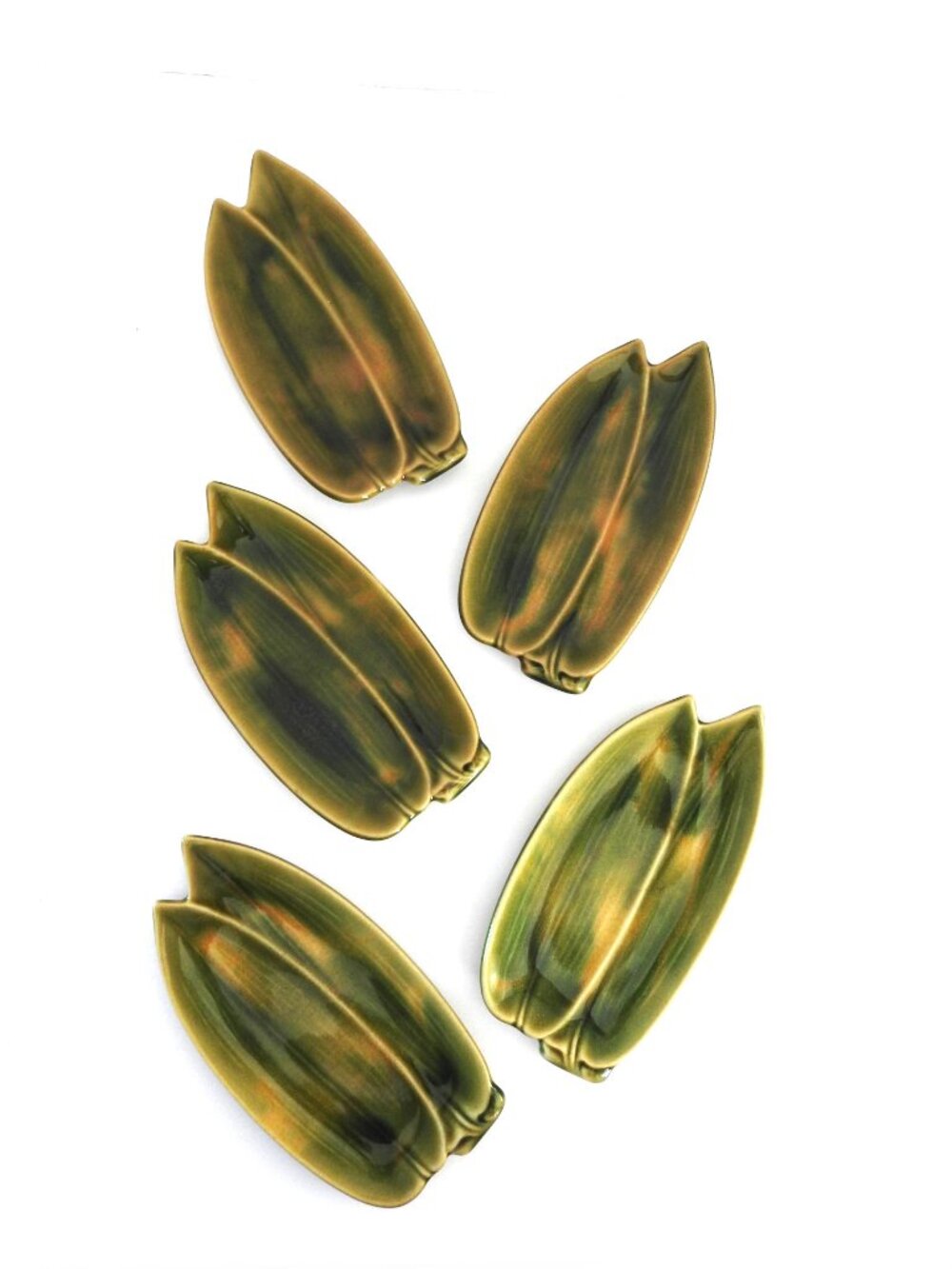 Set of 5 Vintage Japanese Green Bamboo Leaf Stoneware Plates